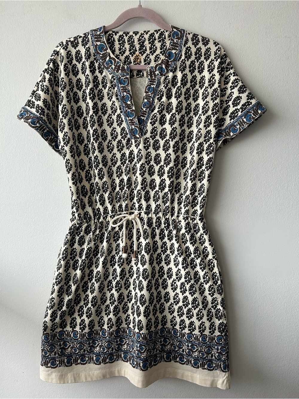 Tory Burch Blue and Cream pima cotton boho  print mini dress
